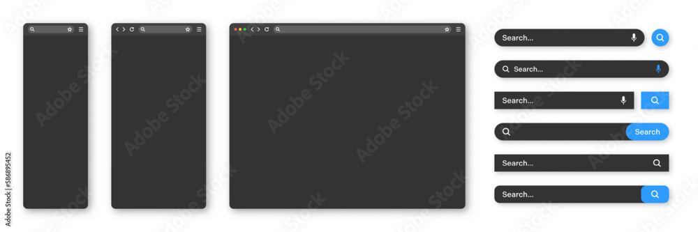 Poster blank internet browser window with various search bar templates, dark mode. web site engine with sea