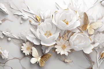 Goden butterflies with white flowers