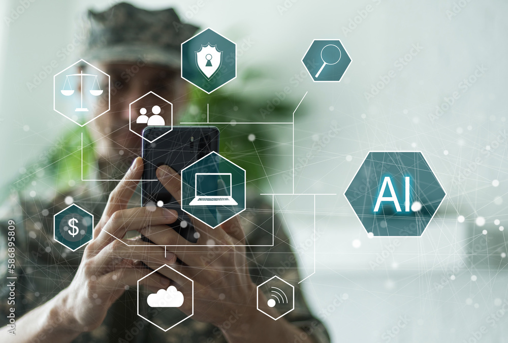 Poster artificial intelligence industry. integration computing concept. man presses brain ai gears button o