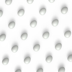 Group farm raw organic white chicken eggs standing in line or pattern