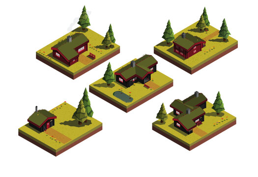 Set of modular / isometric log cabins in the woods