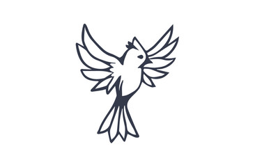 Black and white flat style design of bird with feather on white color background. Vector illustration of beautiful flying bird with wing