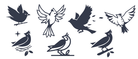 Vector set of illustration of beautiful flying and sitting on branch and in nest bird on white color background. Black and white line art flat style design of bird