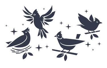 Vector set of illustration of black beautiful flying and sitting in nest and on branch bird on white color background. Black and white line art flat style design of bird