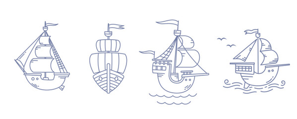 Vector set of illustration of old ship with sail and wave on white color background. Flat line art style design of ship at see - obrazy, fototapety, plakaty