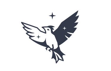 Vector illustration of beautiful flying bird on white color background with star. Black and white line art style design of bird with wing