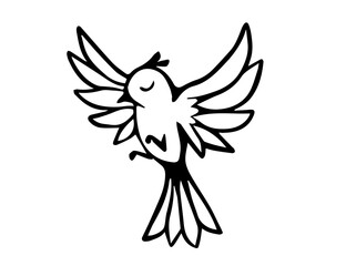 Vector illustration of beautiful flying bird with wing on white color background. Black and white flat style design of bird with feather