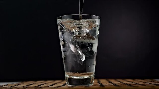 Stirring a teaspoon of crystal clear water in a glass. Pure water swirl in glass in slow motion.