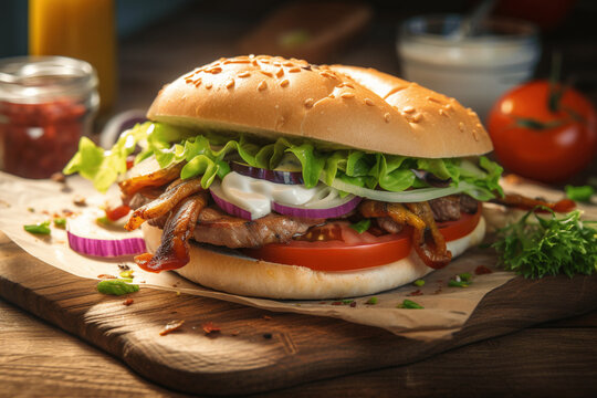 Sandwich Kebab Burger With Green Salad, Mayonnaise, Tomatoes In A Bun, Bread Roll