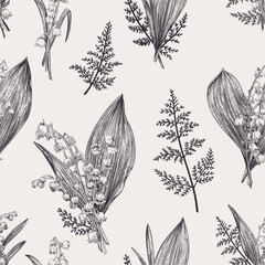 Spring seamless pattern with lily of the valley flowers. Botanical vector illustration. Background for textile or book covers, manufacturing, wallpapers, print, gift wrap. Black and white.