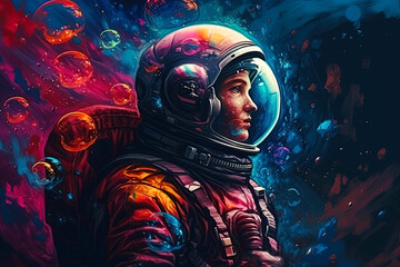 Astronaut in a spacesuit, on the background of open space.Colorful Generative AI illustration Human space flight. Astronaut explores space. - obrazy, fototapety, plakaty