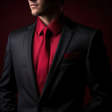 Man in a suit, red and black colors, plain background, generative AI