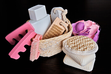 Set for peeling and aromatherapy products on a dark background. Spa procedures. Up close