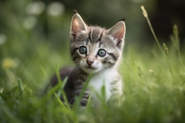 Naklejka na ściany i meble Playing on the lawn with a cute tiny cat. Generative AI