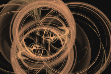 Orange round swirling pattern of crooked waves on a black background. Abstract fractal 3D rendering