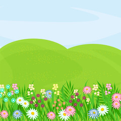 Fototapeta premium Beautiful landscape. Meadow, hills and colorful flowers. Background for the design. Pattern. Vector