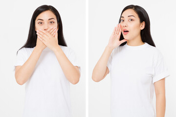 Women's rights. Before after young asian woman show gesture hush shh silent close mouth by hands....