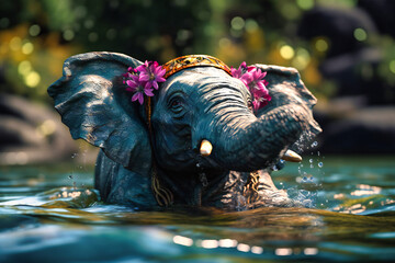 A happy elephant wearing a flower crown and sunglasses, splashing in a river with a big smile on its face