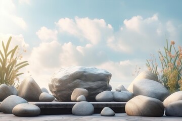 group of boulders in a rural landscape. Generative AI