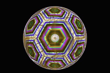 A multi-colored sphere made of crooked hexagons on a black background. Abstract fractal 3D rendering