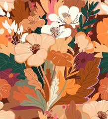 Seamless pattern of decorative flowers in orange colors.  - 586898278