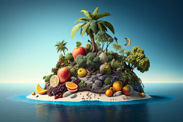 Fantasy island with fruits and vegetables. 3d illustration. Elements for design. generative ai