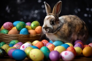 Fototapeta na wymiar Happy Easter Bunny with many colorful easter eggs. Generative AI Technology