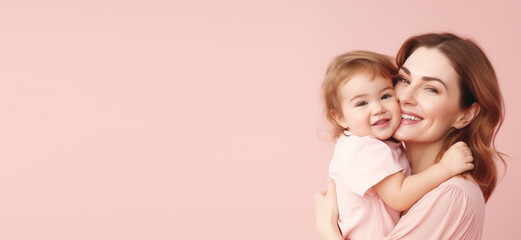 Mother and kid on pink background , Generative Ai