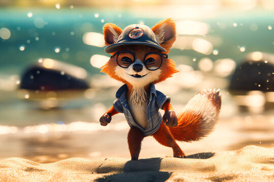 A playful fox wearing a beach hat and sunglasses, jumping over a wave on a sandy beach and looking cute