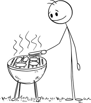 Naklejki Summer Barbecue , Vector Cartoon Stick Figure Illustration