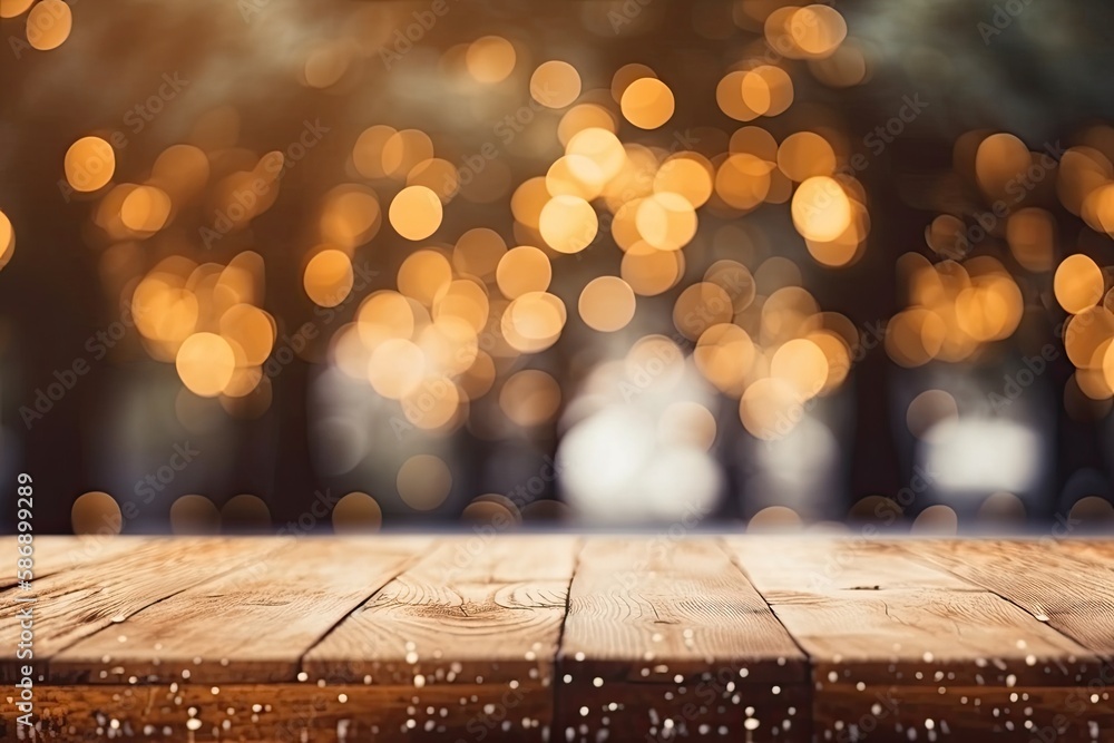 Poster rustic wooden table with bokeh lights in the background. generative ai