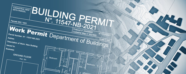 Buildings Permit concept with imaginary cadastral map - building activity and construction industry concept with city map and building work permission - obrazy, fototapety, plakaty