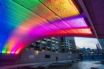 Rainbow lights at Cheonggyecheon Stream Canal in Seoul during winter evening at Jongno-gu , Seoul South Korea : 2 February 2023