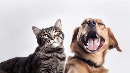 Portrait of Cute happy cat and dog smiling, on white background