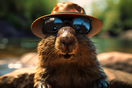 A curious beaver wearing a safari hat and sunglasses, peeking out from behind a dam with a paw raised and a curious expression