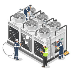Industrial large Air Conditioner Engineer and technician Cleaning Machine and Maintenance Concept on roof of factory isolated Isometric illustration cartoon vector - obrazy, fototapety, plakaty