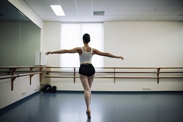 Fototapeta na wymiar South American ballet dancer from behind in a training room - Generative AI