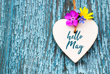 Hello May greeting card with decorative white heart and first flowers on old blue wooden
background.Springtime holidays concept. Selective focus.