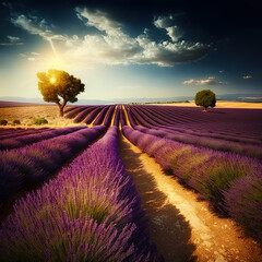 Purple lavender field in Provence at sunset. Lavender. generative ai. Stunning summer landscape in Provence, France with blooming violet fields