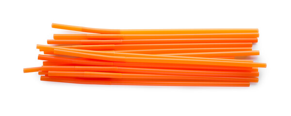 Orange plastic cocktail straws on white background, top view