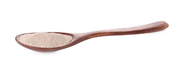 Spoon with active dry yeast isolated on white