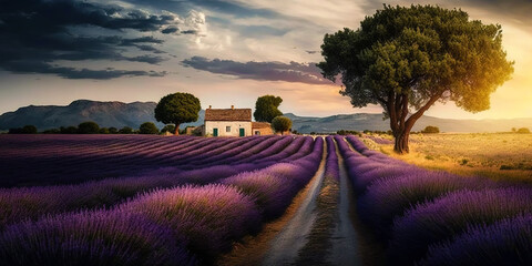 Purple lavender field in Provence at sunset. Lavender. generative ai. Stunning summer landscape in Provence, France with blooming violet fields