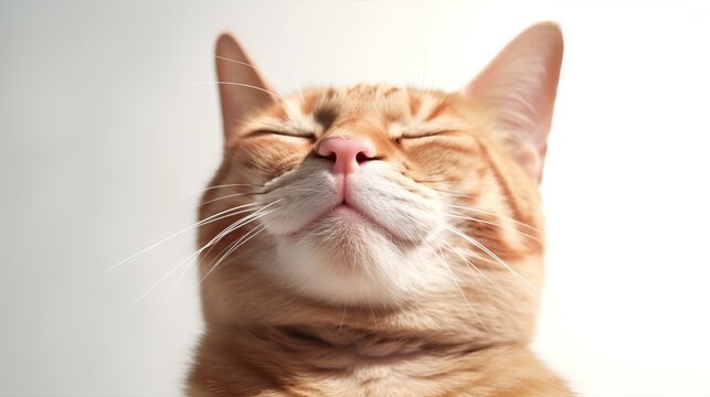 Portrait of Cute smiling cat with closed eyes on white background