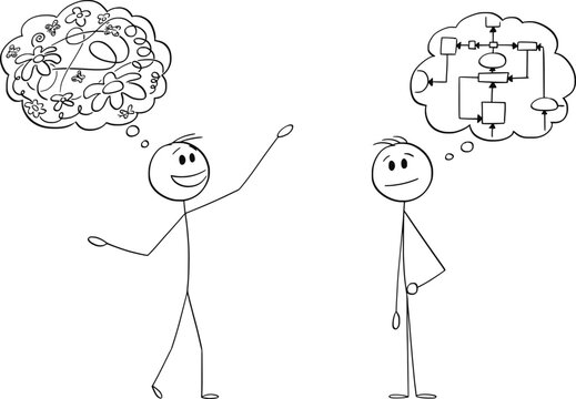 Creative and Analytical Thinking , Vector Cartoon Stick Figure Illustration
