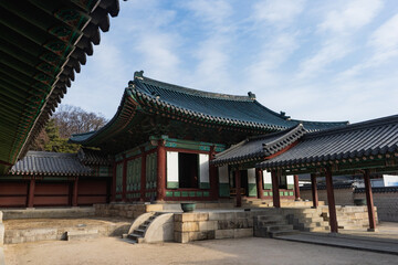 Changdeokgung Palace and Seonjeongjeon with Blue Tile roof in Seoul during winter morning at Jongno , Seoul South Korea : 3 February 2023