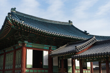 Fototapeta na wymiar Changdeokgung Palace and Seonjeongjeon with Blue Tile roof in Seoul during winter morning at Jongno , Seoul South Korea : 3 February 2023
