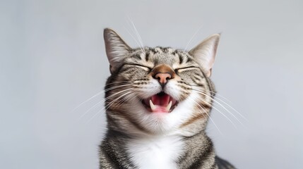 Obraz premium Portrait of Cute smiling cat with closed eyes on white background