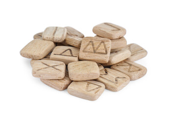 Pile of wooden runes isolated on white