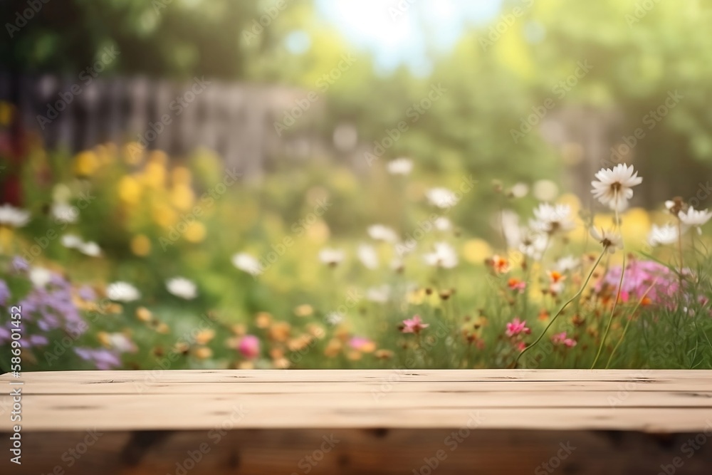 Poster abstract flower garden background with bokeh. empty wooden table top for products with blank copy sp