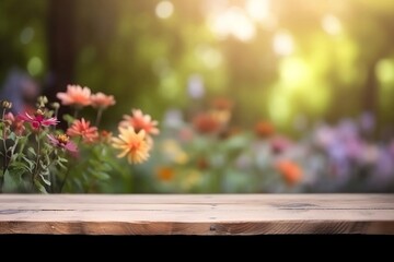 Fototapeta na wymiar Abstract flower garden Background with Bokeh. Empty Wooden Table Top for Products with Blank Copy Space